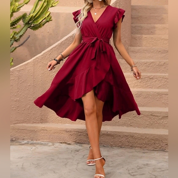 New Boho Ruffle Wrap Dress High Low Burgundy Red - Picture 2 of 8